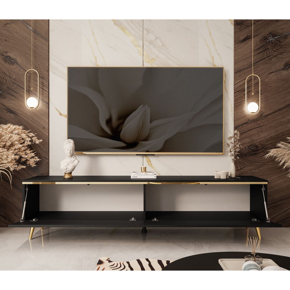 Szafka RTV AURORA czarny mat LED nogi skośne złote