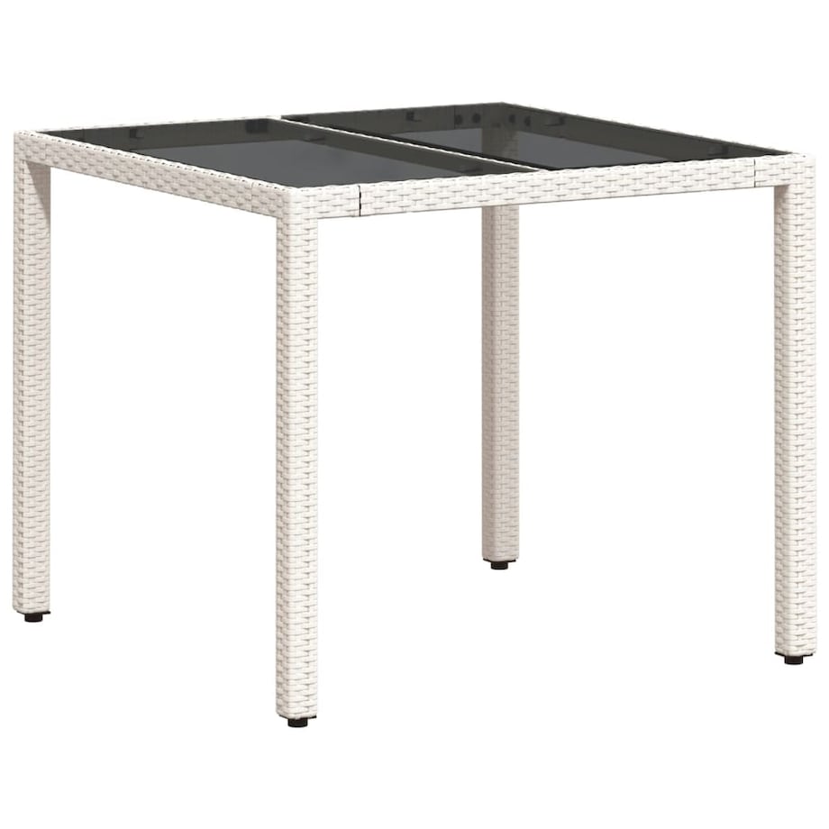 vidaXL Stół ogrodowy ze szklanym blatem, biały 90x90x75 cm, polirattan