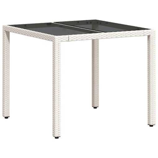 vidaXL Stół ogrodowy ze szklanym blatem, biały 90x90x75 cm, polirattan