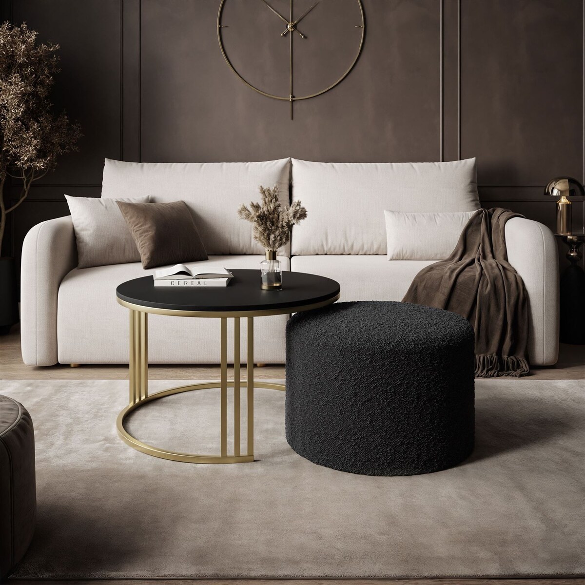 Stolik kawowy z pufą LORI MAT złoto szczotkowane, czarny mat / Coral 60