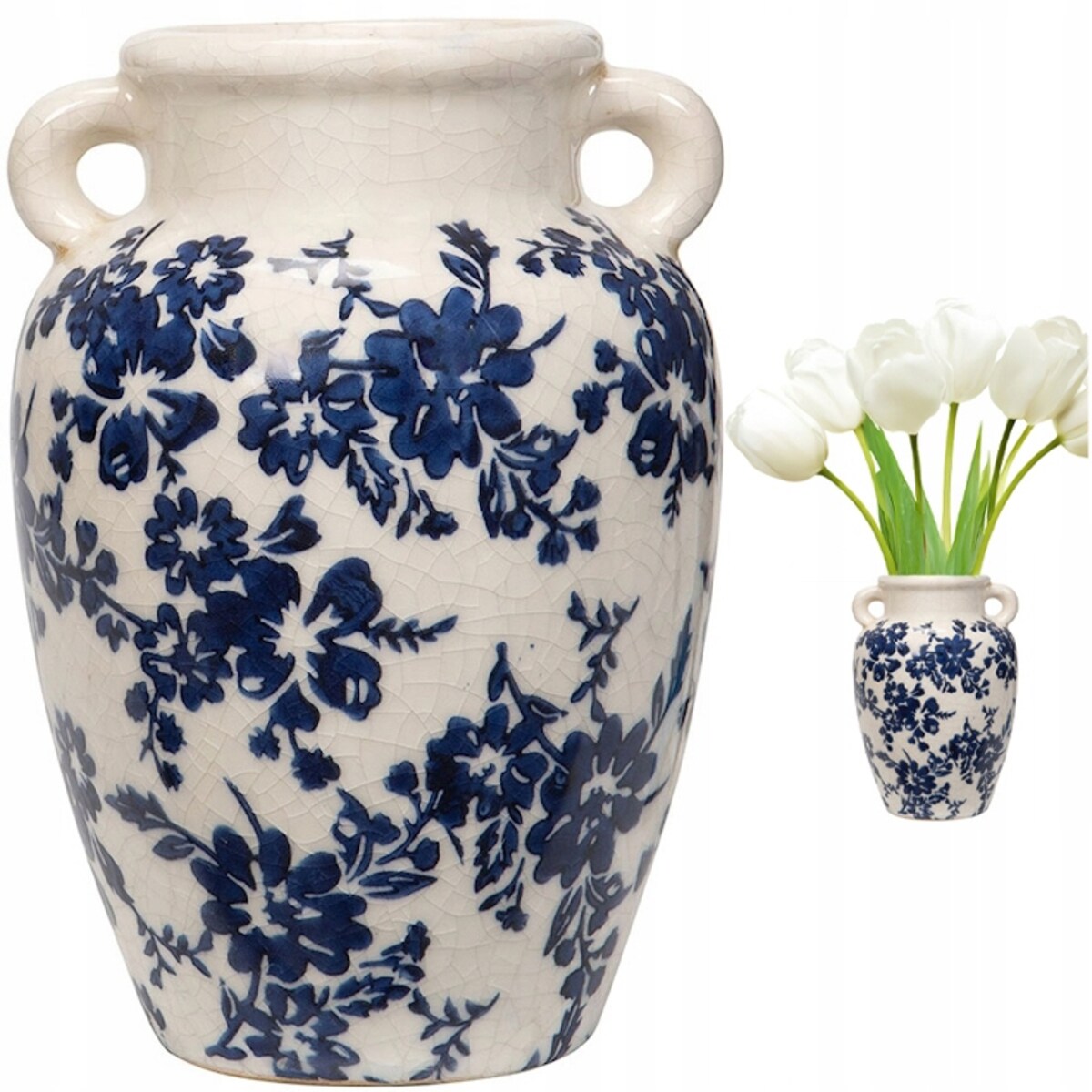 WAZON DZBANEK 23cm CERAMICZNY NA KWIATY RETRO BIAŁY RÓŻE WYSOKI DO SALONU