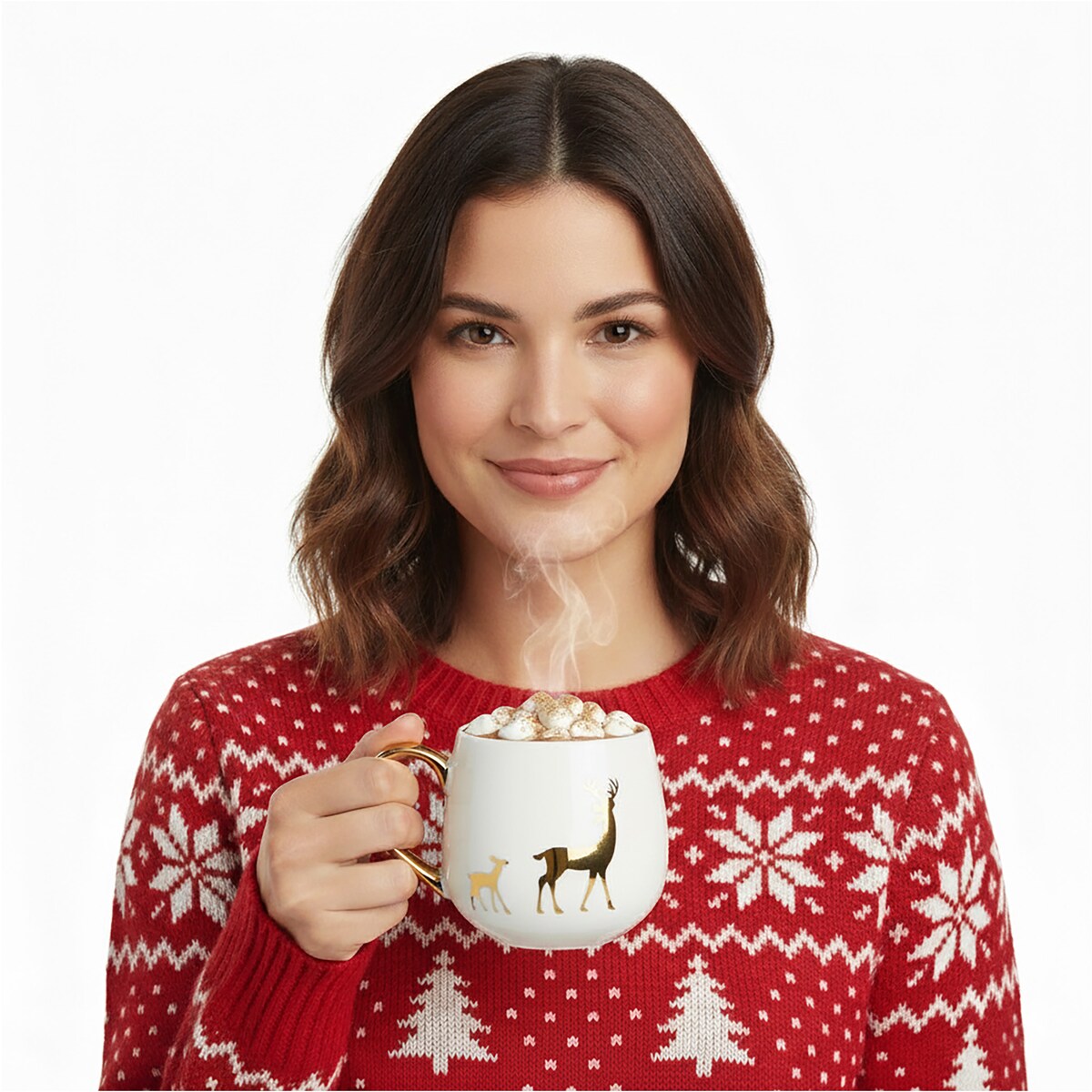 Kubek Z Uchem Świąteczny Porcelanowy Biało-Złoty 375 Ml Renifer