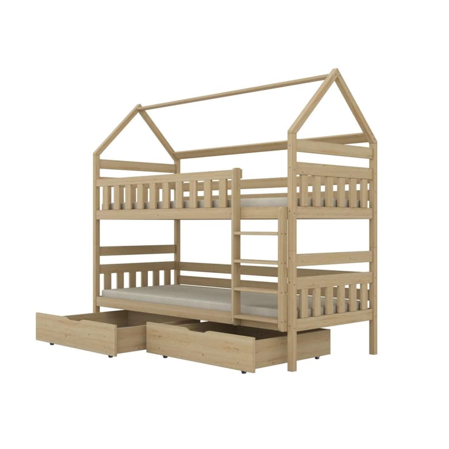 Łóżko piętrowe domek FELIKS 180x90 sosna nielakierowana drewniane z szufladami