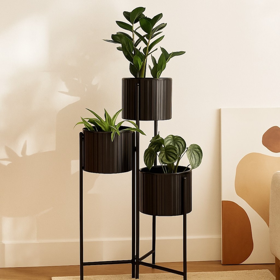 Kwietnik metalowy loftowy z 3 osłonkami 68x29x39 cm NARDO czarny