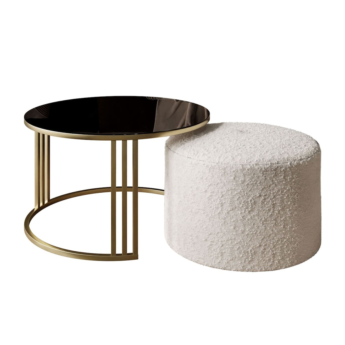 Stolik kawowy z pufą LORI GLASS złoto szczotkowane, czarne szkło / Coral 65