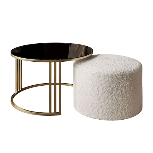 Stolik kawowy z pufą LORI GLASS złoto szczotkowane, czarne szkło / Coral 65