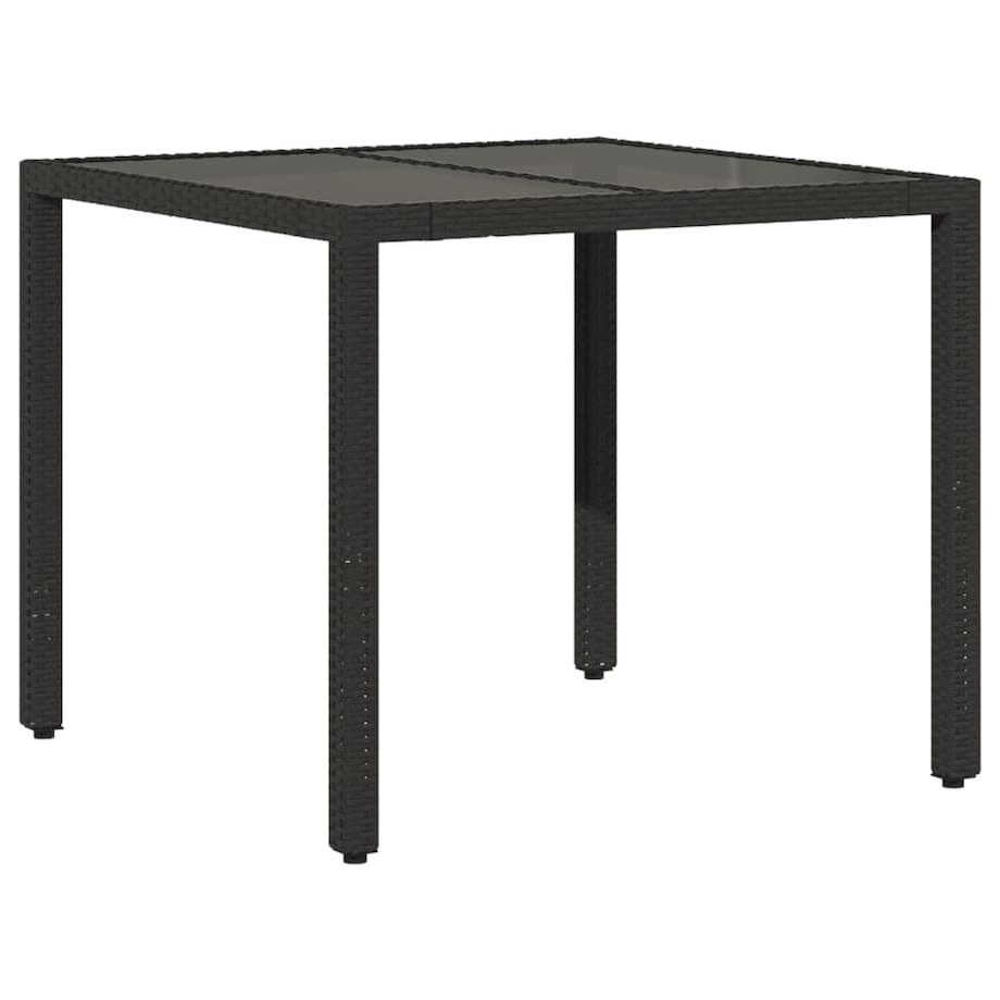 vidaXL Stół ogrodowy, szklany blat, czarny, 90x90x75 cm, rattan PE