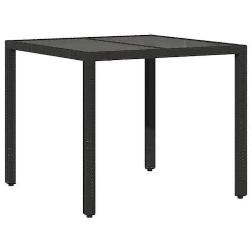vidaXL Stół ogrodowy, szklany blat, czarny, 90x90x75 cm, rattan PE