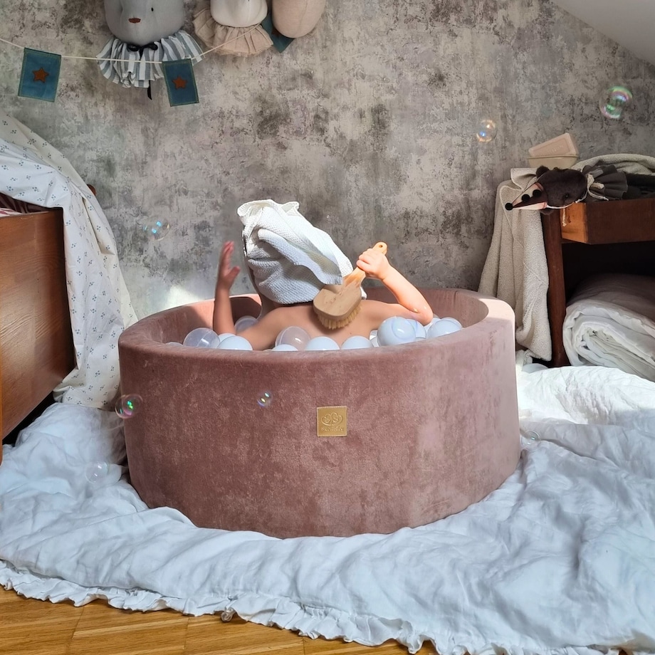 Okrągły Suchy Basen dla Dziecka 90x30cm/200 Piłek 7cm, Velvet, Beżowy: Białe/Beżowe