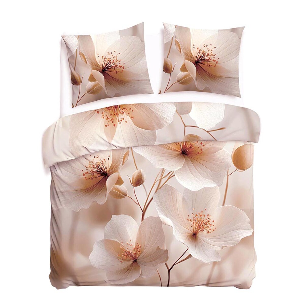 Pościel satyna bawełniana 160x200 Elize jasne beżowe kwiaty na kremowym tle, Satynlove Premium