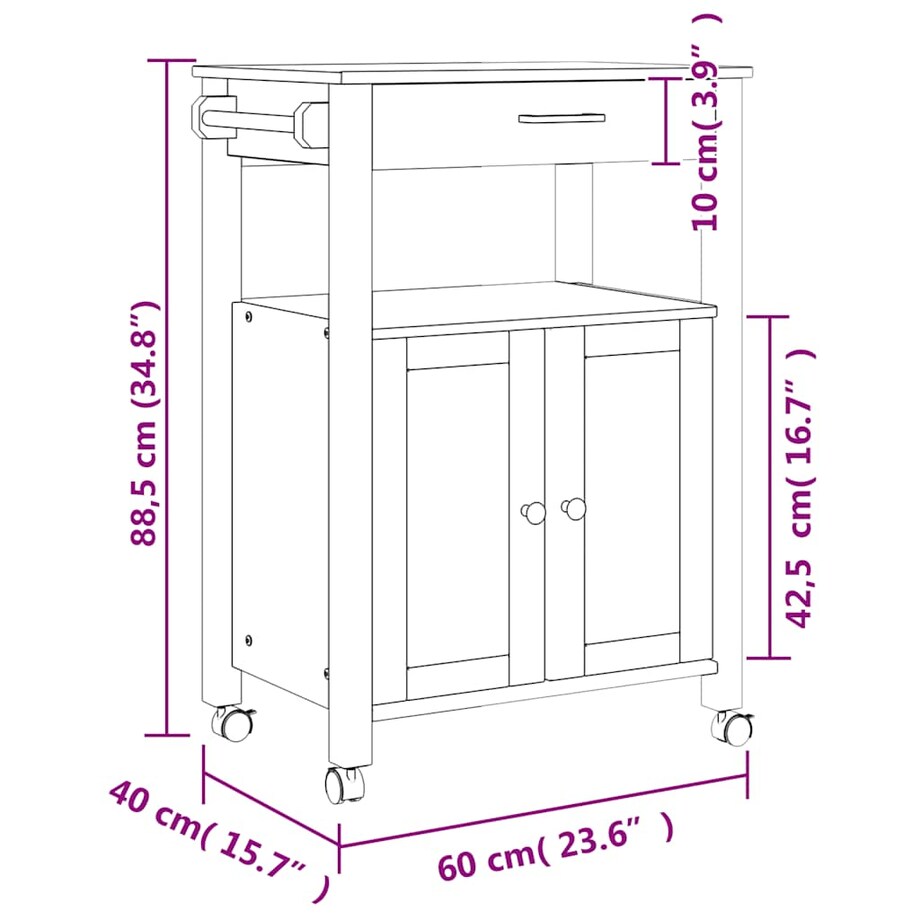 vidaXL Wózek kuchenny MONZA, 60x40x88,5 cm, lite drewno sosnowe