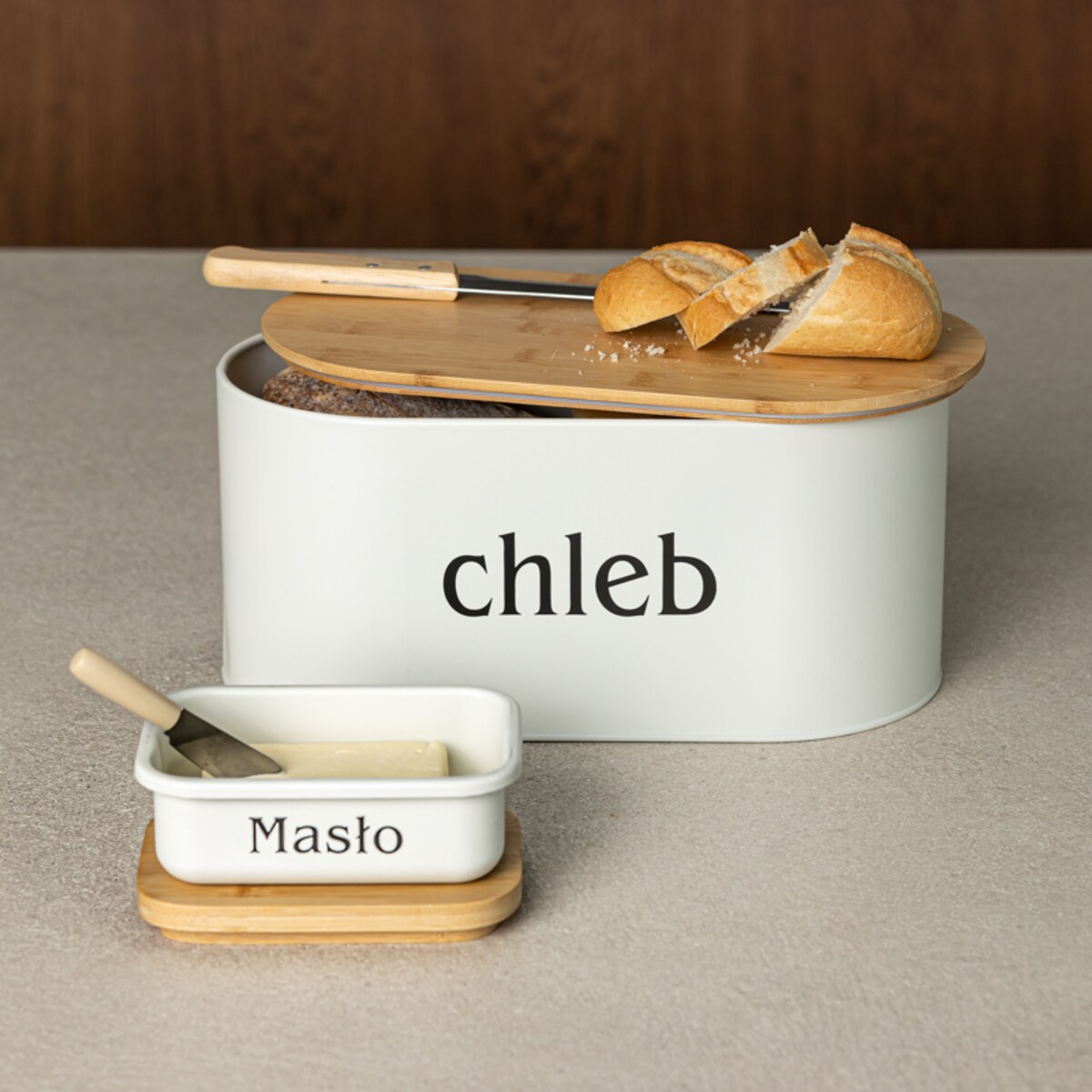 Zestaw chlebak z maselniczką i nożem deska do krojenia biały