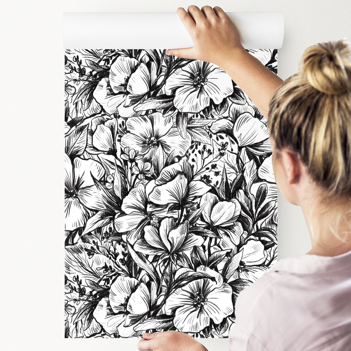 Tapeta Czarno-Białe Kwiaty i Liście