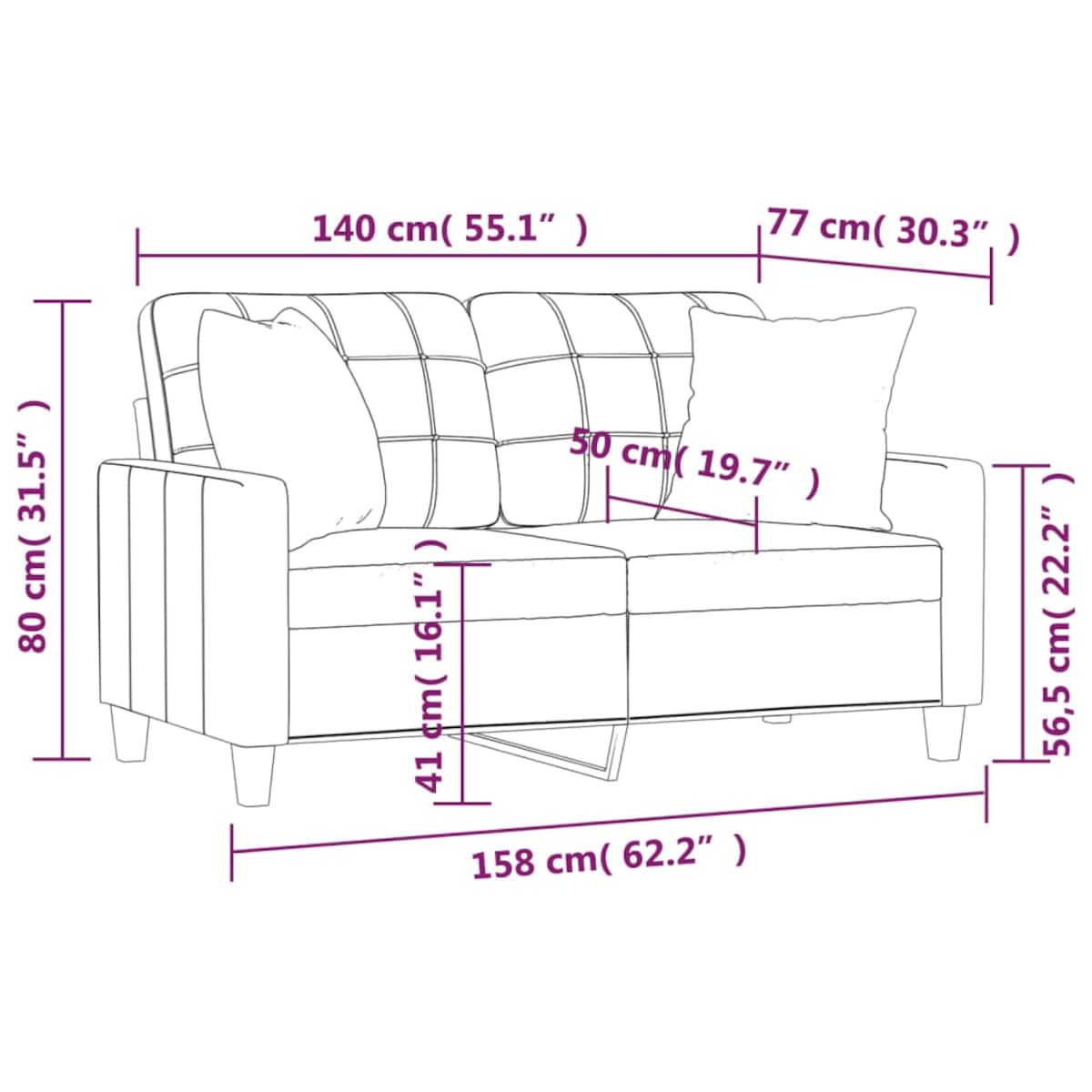 vidaXL 2-osobowa sofa z poduszkami, kremowa, 140 cm, sztuczna skóra