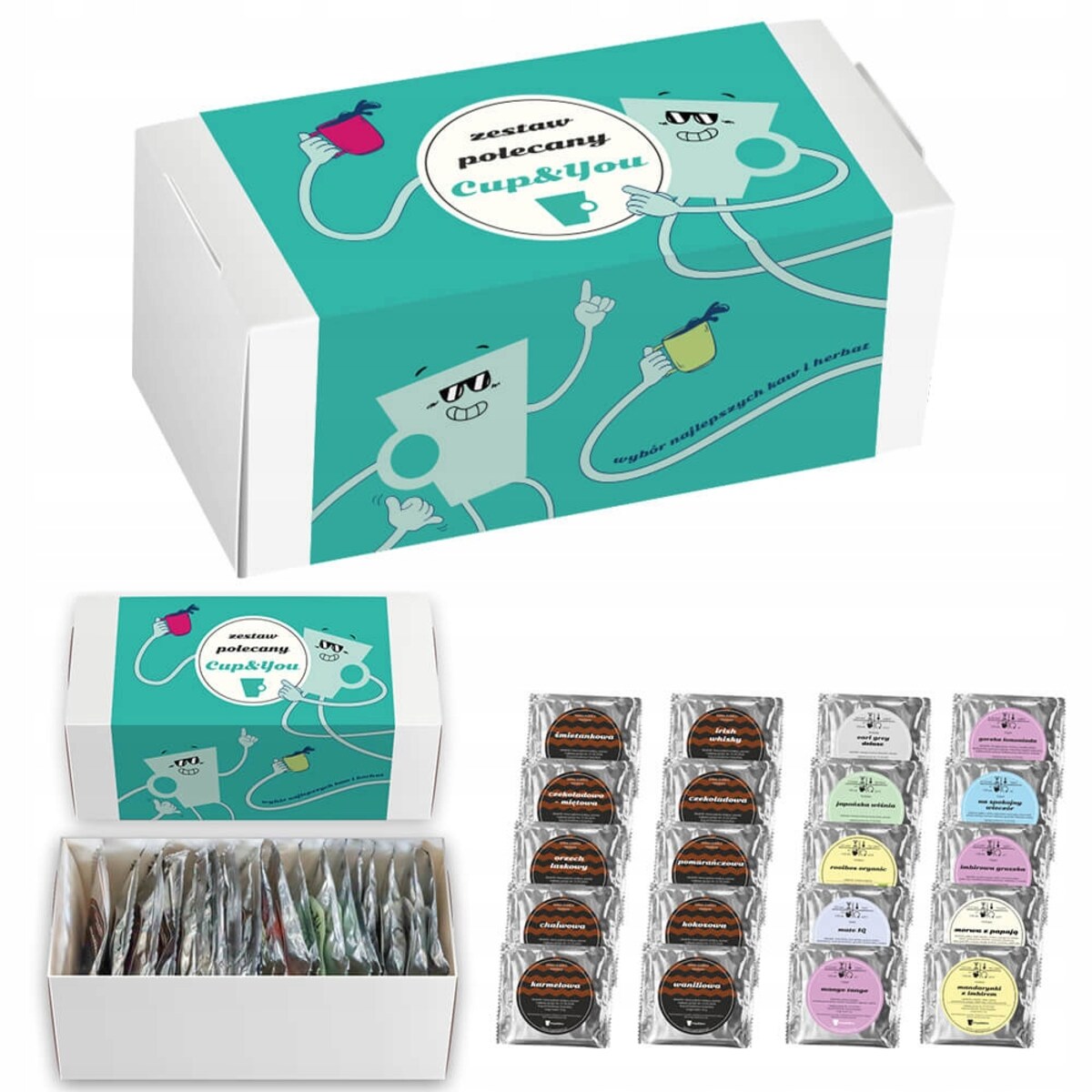 ZESTAW KAW MIELONYCH I HERBAT SYPANYCH "POLECANE CUP&YOU" - MIX 20 RÓŻNYCH SMAKÓW W SASZETKACH NA PREZENT UPOMINEK DLA KOBIETY FACETA MĘŻCZYZNY NIEJ NIEGO
