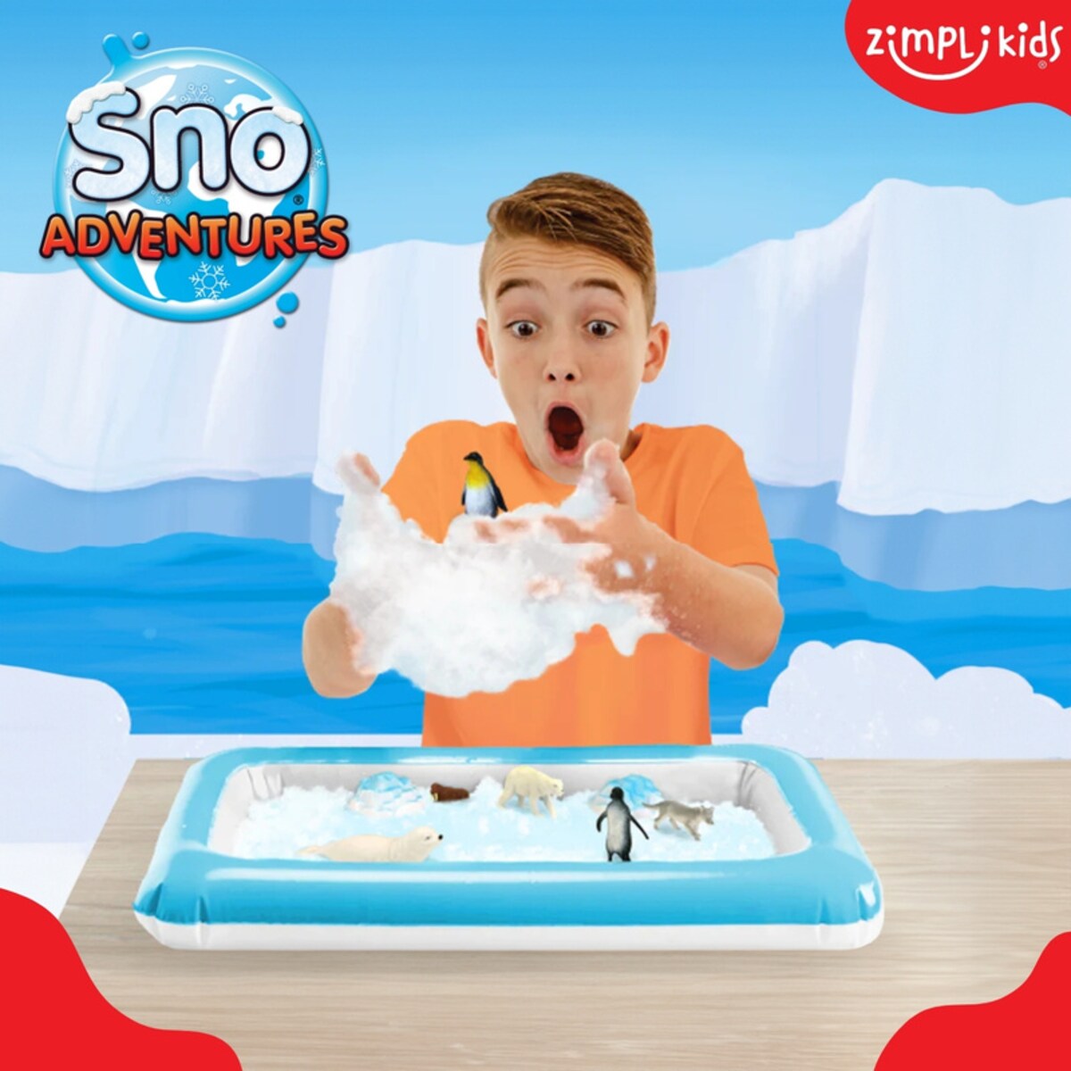 Sztuczny śnieg w proszku zestaw do tworzenia śniegu z figurkami zwierząt i nadmuchiwaną tacą Sno World Arctic Adventure 5 użyć 3+ Zimpli Kids