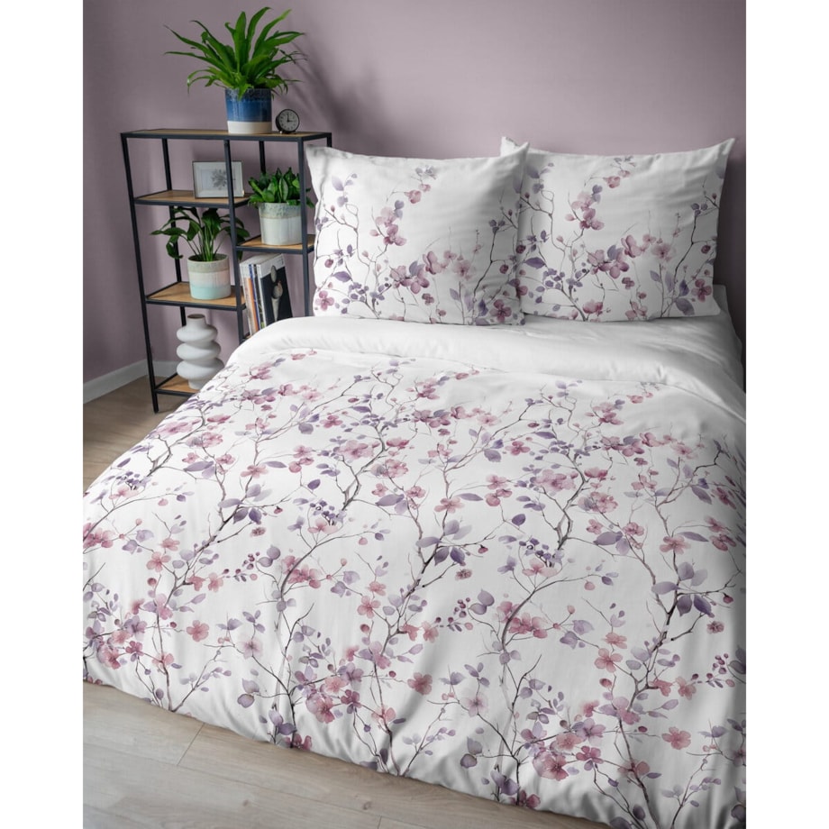 Pościel bawełniana Sakura 200x220 cm fioletowa biała
