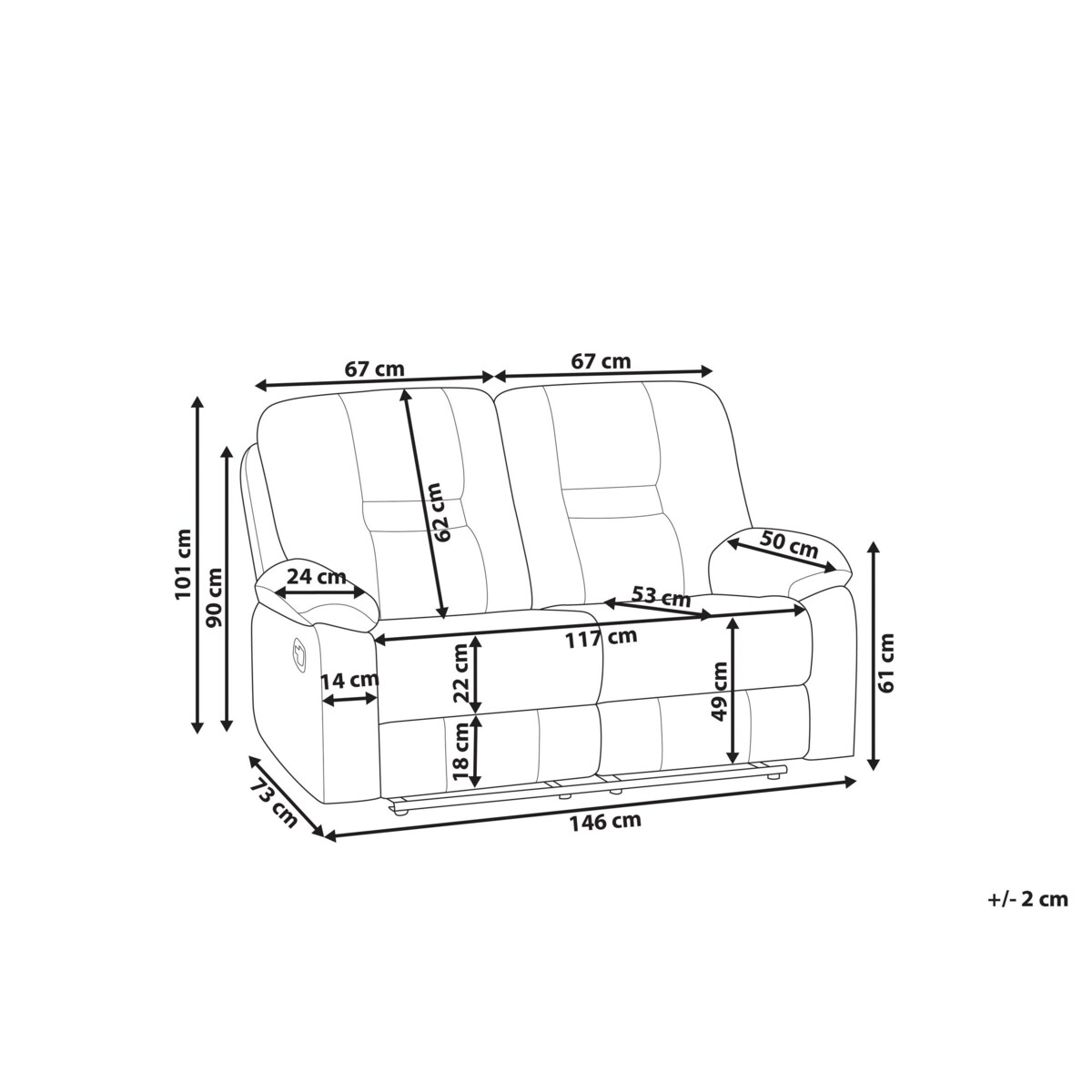 Sofa z manualną funkcją relaksu 2-osobowa szara BERGEN II