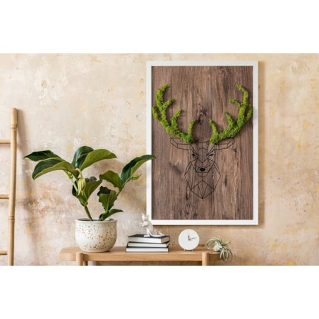 Obraz Głowa jelenia na drewnianym tle - mech chrobotek w białej ramie 40x60cm