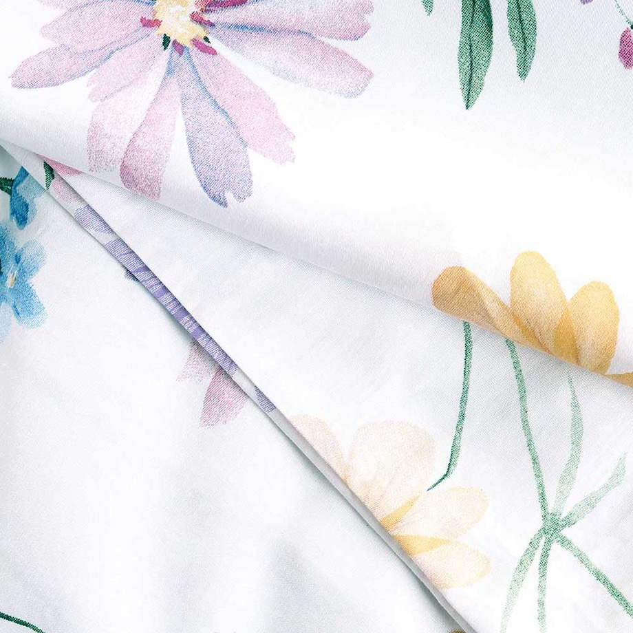 Pościel satyna bawełniana 180x200 Vellia biała w pastelowe kolorowe kwiaty akwarelowe, Satynlove