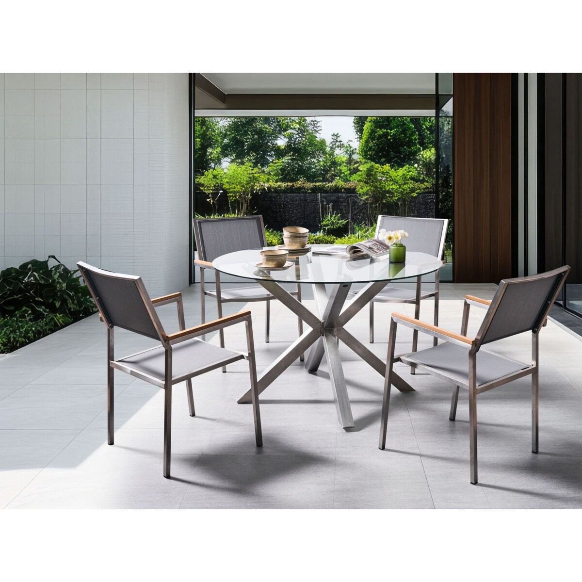 Zestaw: stół z 4 krzesłami MALETTO/GROSSETO Szkło 120x120x75 cm Srebrny