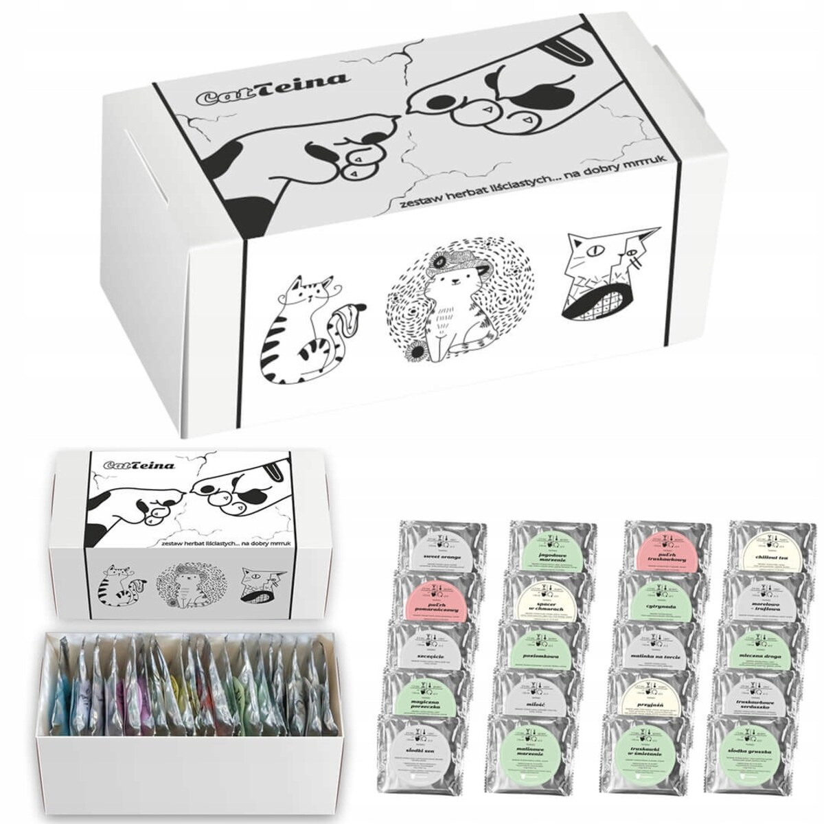 Zestaw prezentowy upominkowy CAT-TEINA mix box 20 różnych smaków herbat sypanych - prezent upominek dla kobiety faceta mamy taty babci dziadka