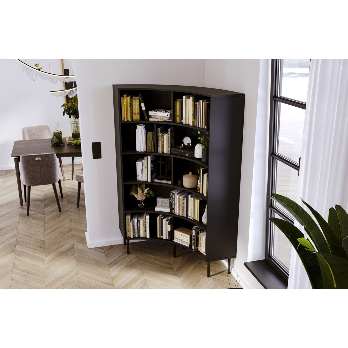 Nowoczesny narożny regał na książki Skandica HORN z czarnymi nogami / czarny