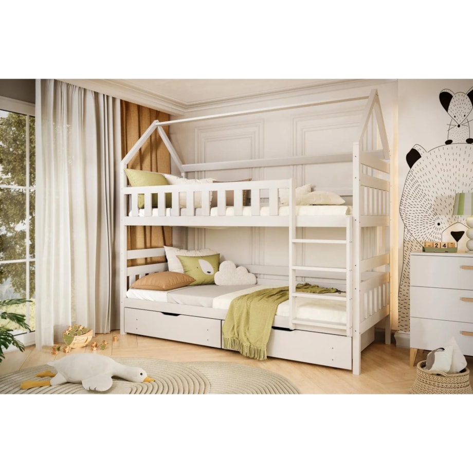 Łóżko piętrowe domek FELIKS 200x80 białe drewniane