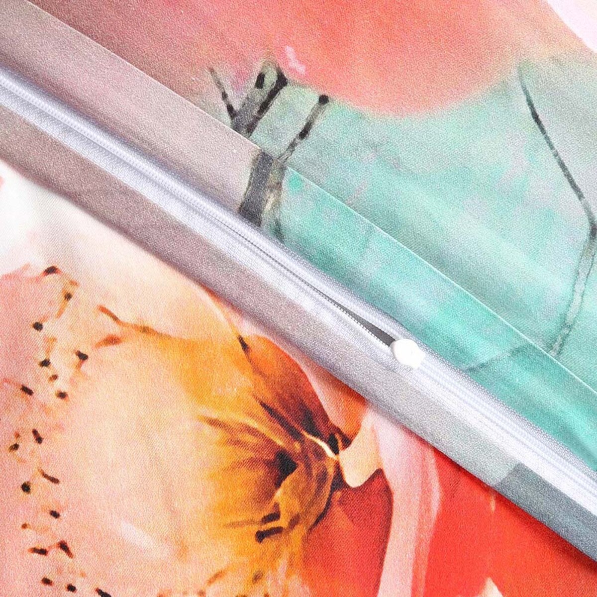 Pościel satyna bawełniana 220x200 Roselle szara i zielona w różowe kwiaty, Satynlove Premium