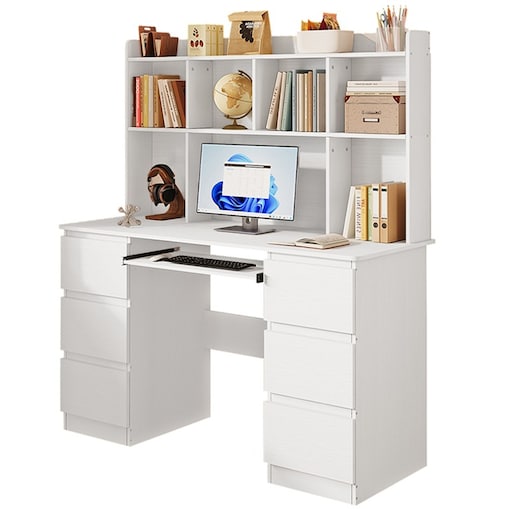 Biurko nowoczesne z nadstawką białe 6 szuflad półki do biura pokoju pracy