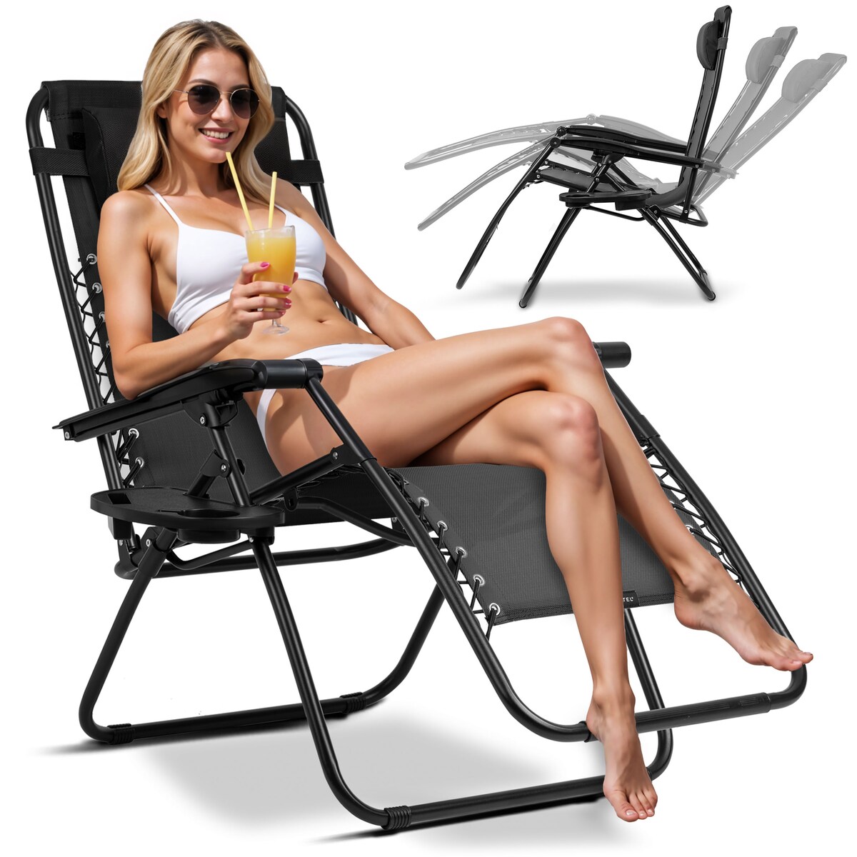 Leżak ogrodowy grawitacyjny Sofotel plażowy czarny składany fotel na taras balkon
