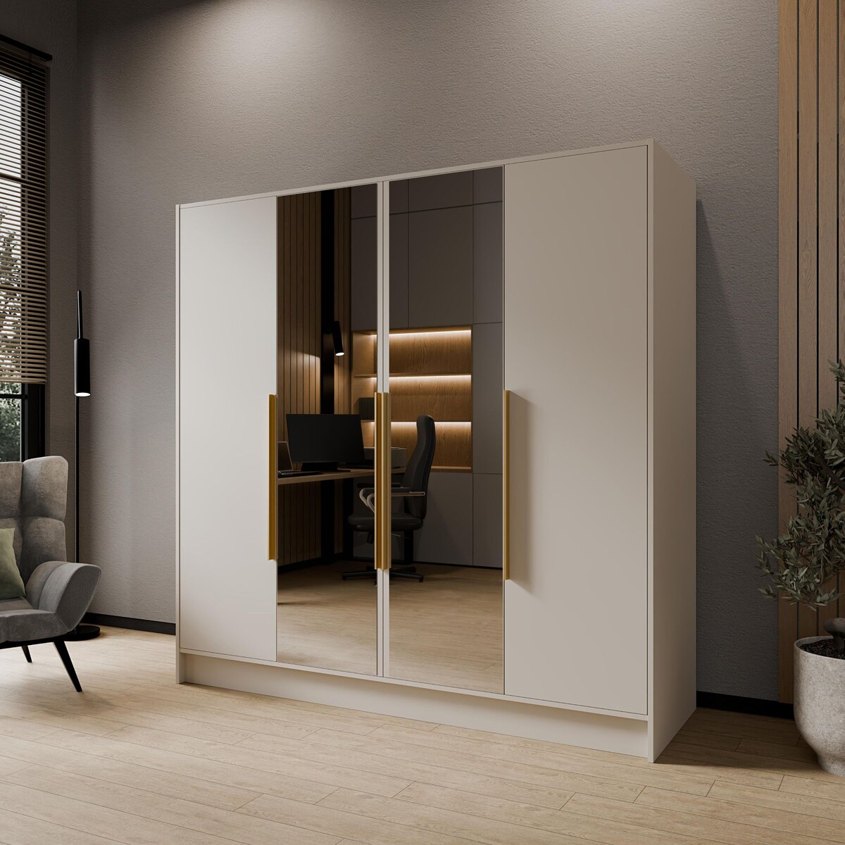 Szafa 200 gładka LUSO z lustrem i złotymi uchwytami, kaszmirowa