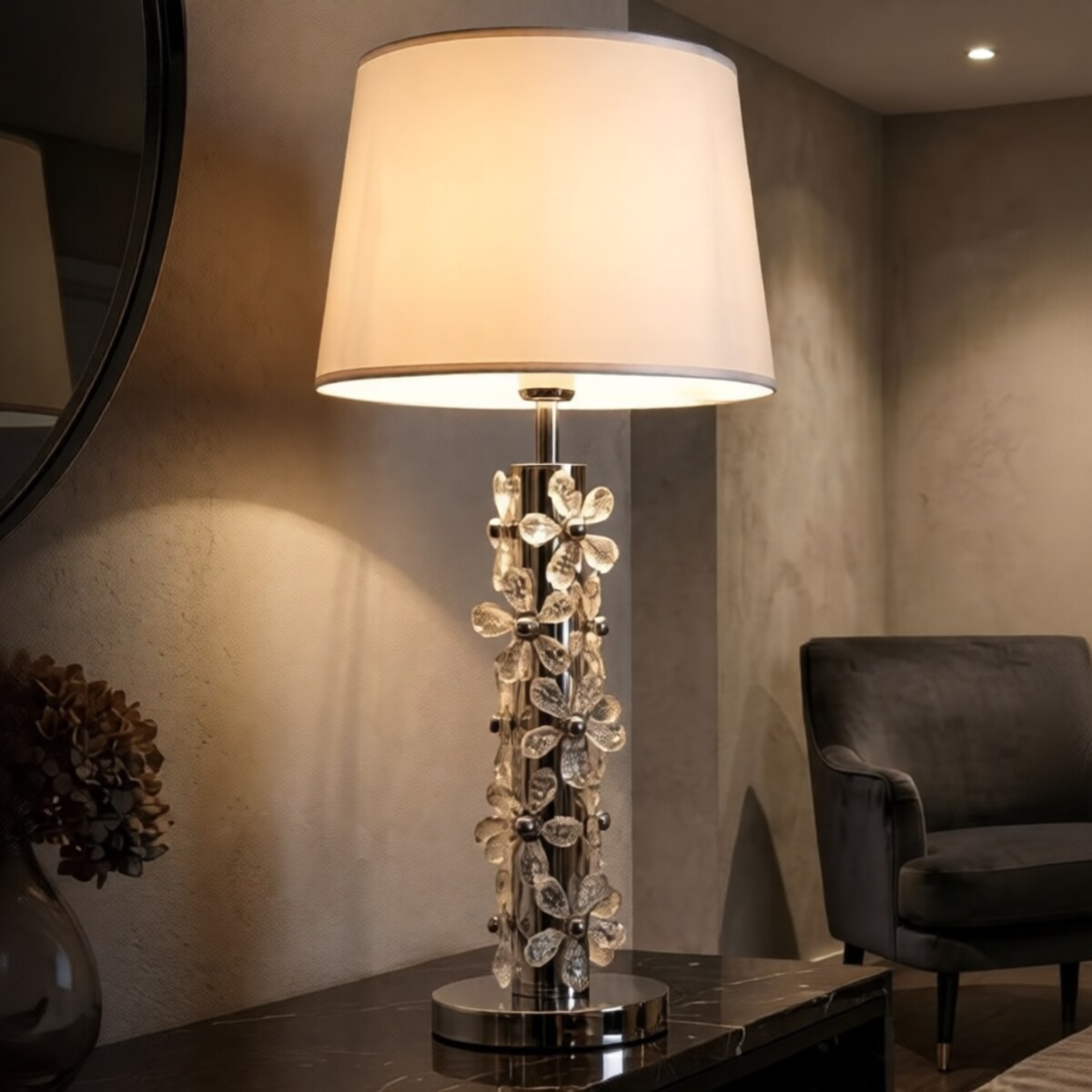 Lampa stołowa Flower, kolor srebrny i biały, żelazo i metal, 35 x 35 x 74 cm, 1 x E27, max. 40 W, motyw: kwiaty, styl glamour, Mauro Ferretti
