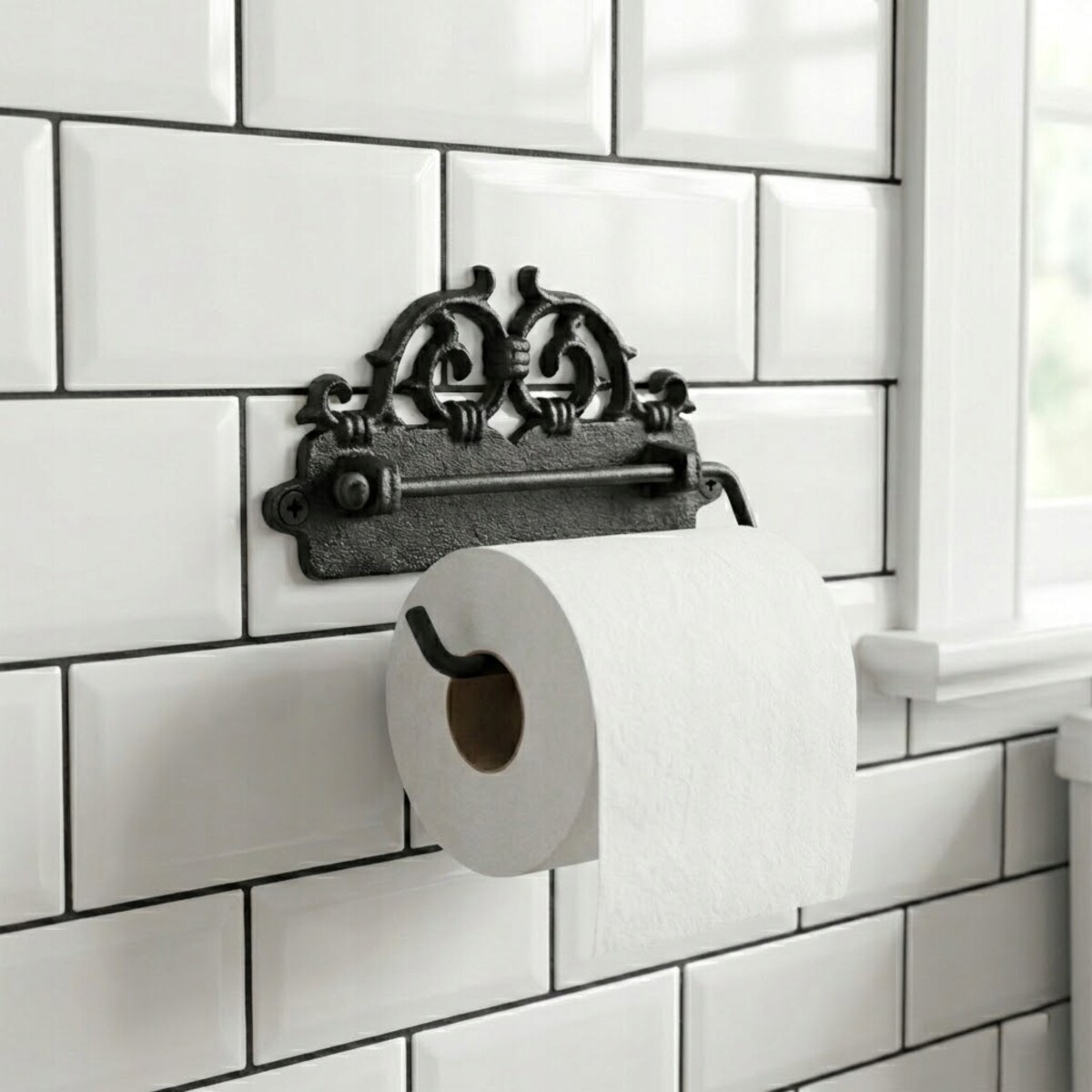 CZARNY UCHWYT NA PAPIER TOALETOWY ŻELIWNY ŚCIENNY WISZĄCY SOLIDNY STOJAK