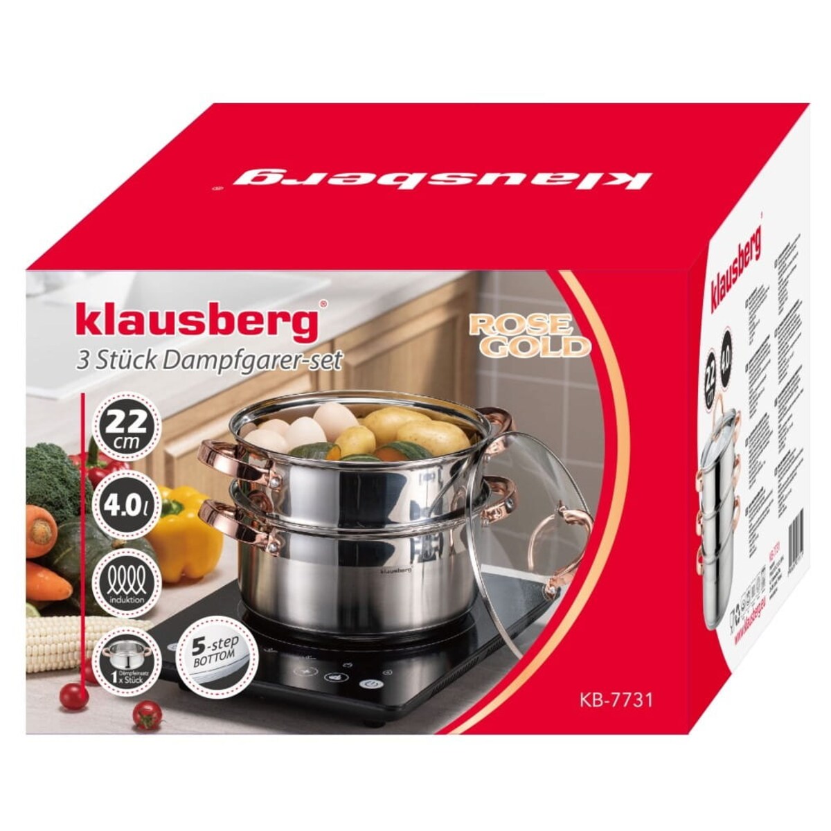 Zestaw garnków do gotowania na parze 22cm 3 elementy Parowar Rose Gold KLAUSBERG
