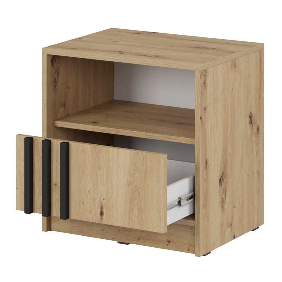 Szafka nocna KELLY z szufladą i półką oraz uchwytem z lameli, Dąb Artisan