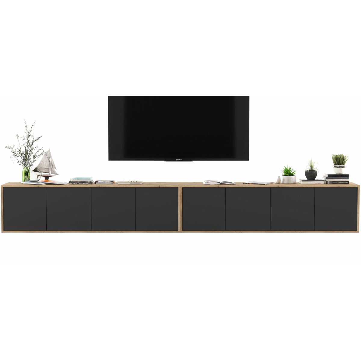 Wisząca Szafka RTV Loft Komoda RTV Dąb Wotan Czarny MAT 300 cm