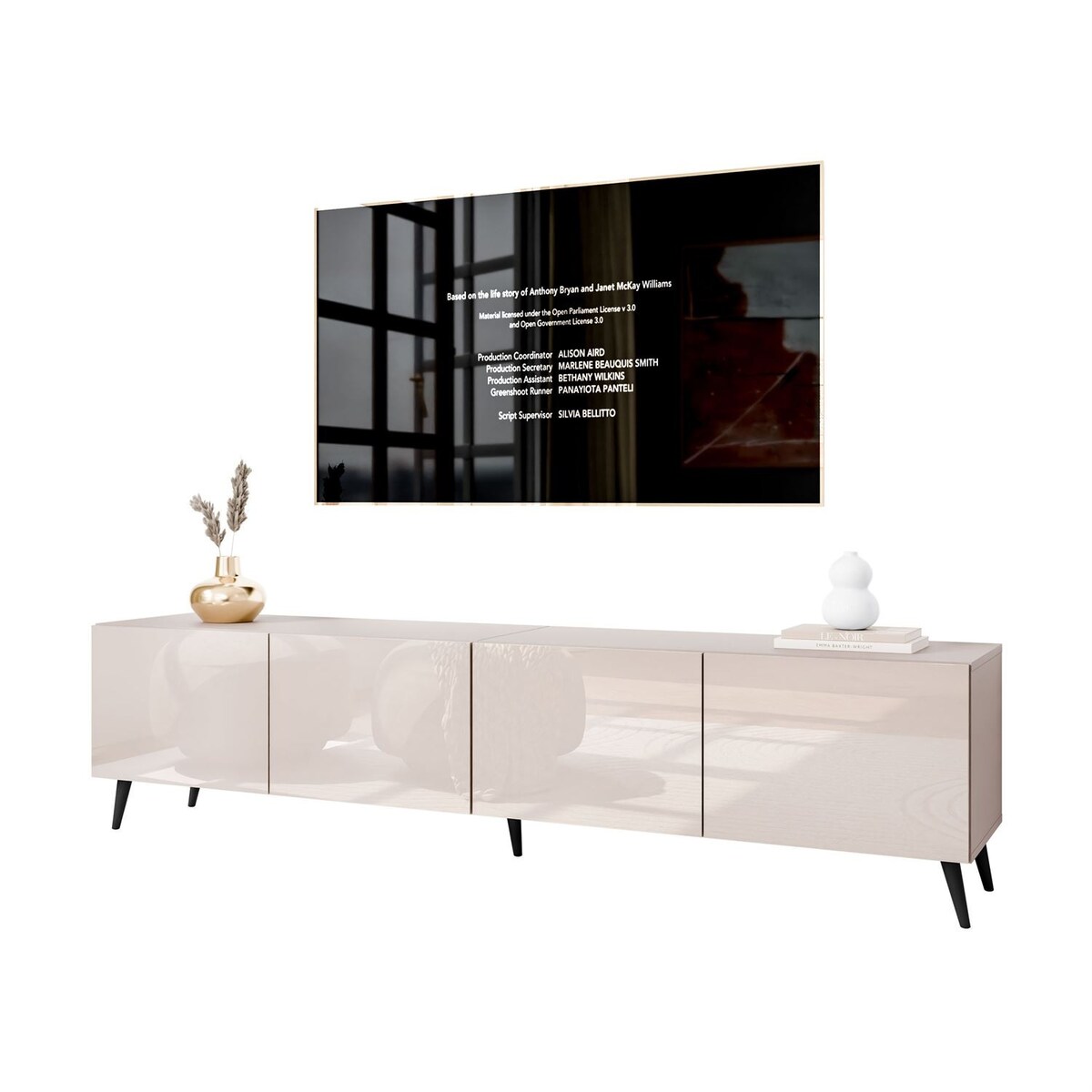 Szafka RTV COLGANTE 200 kaszmir wysoki połysk, oświetlenie LED, nóżki skośne czarne