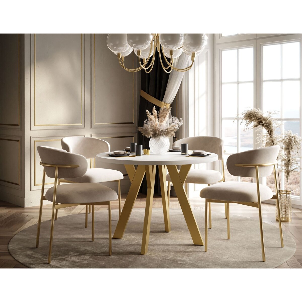 Okrągły stół rozkładany VOLTA MATT, nogi złoty, blat biały
