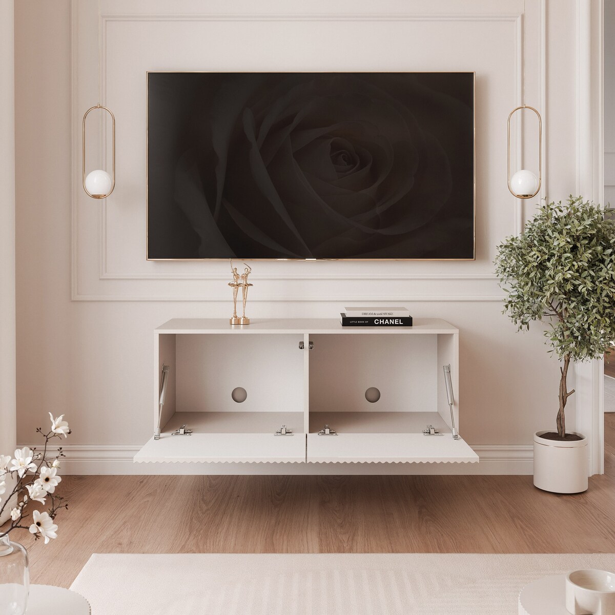 Szafka RTV wisząca KASZMIROWA ANGEL ryflowana 100 cm z oświetleniem LED