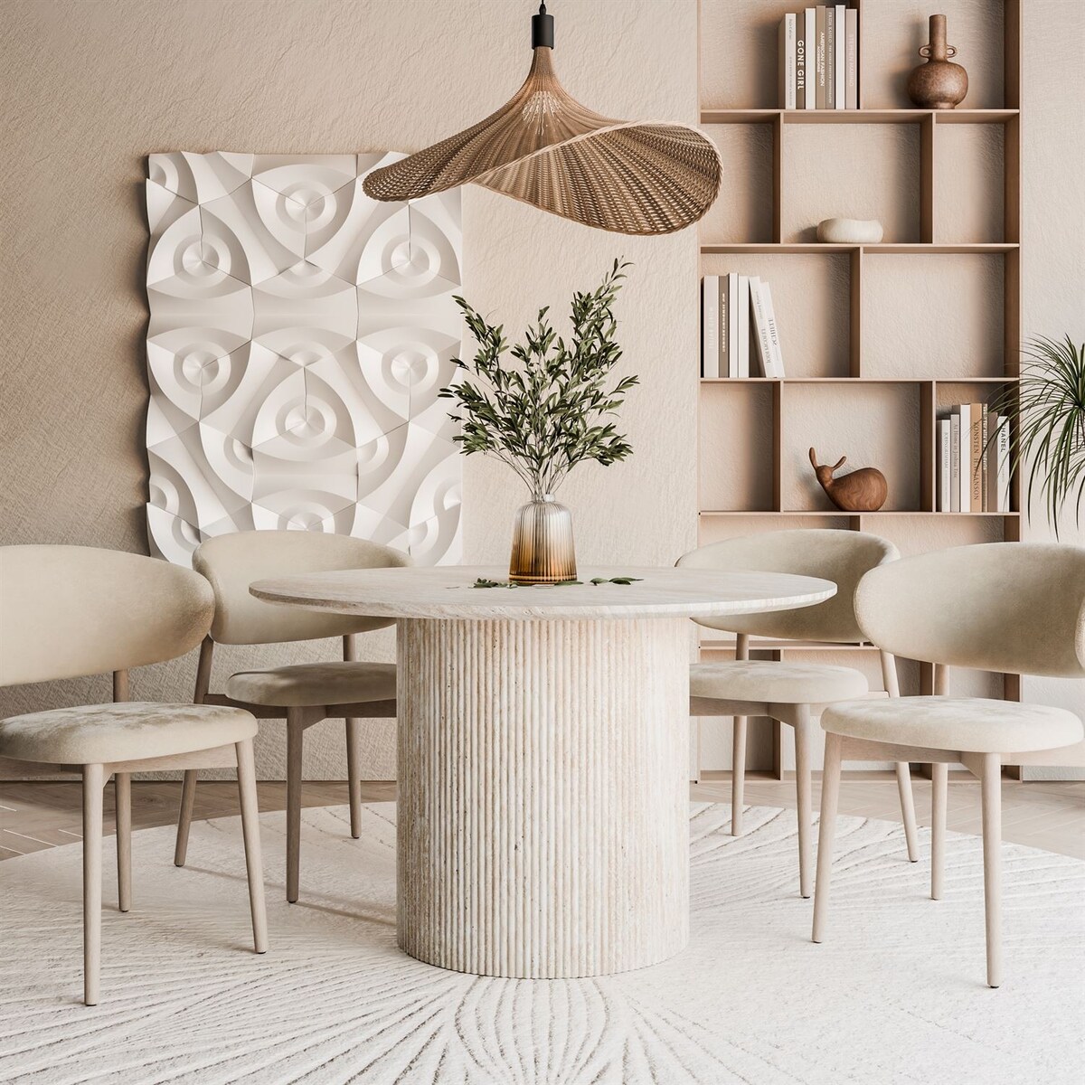 Okrągły stół do jadalni OVI z ryflowaną podstawą, piaskoweic