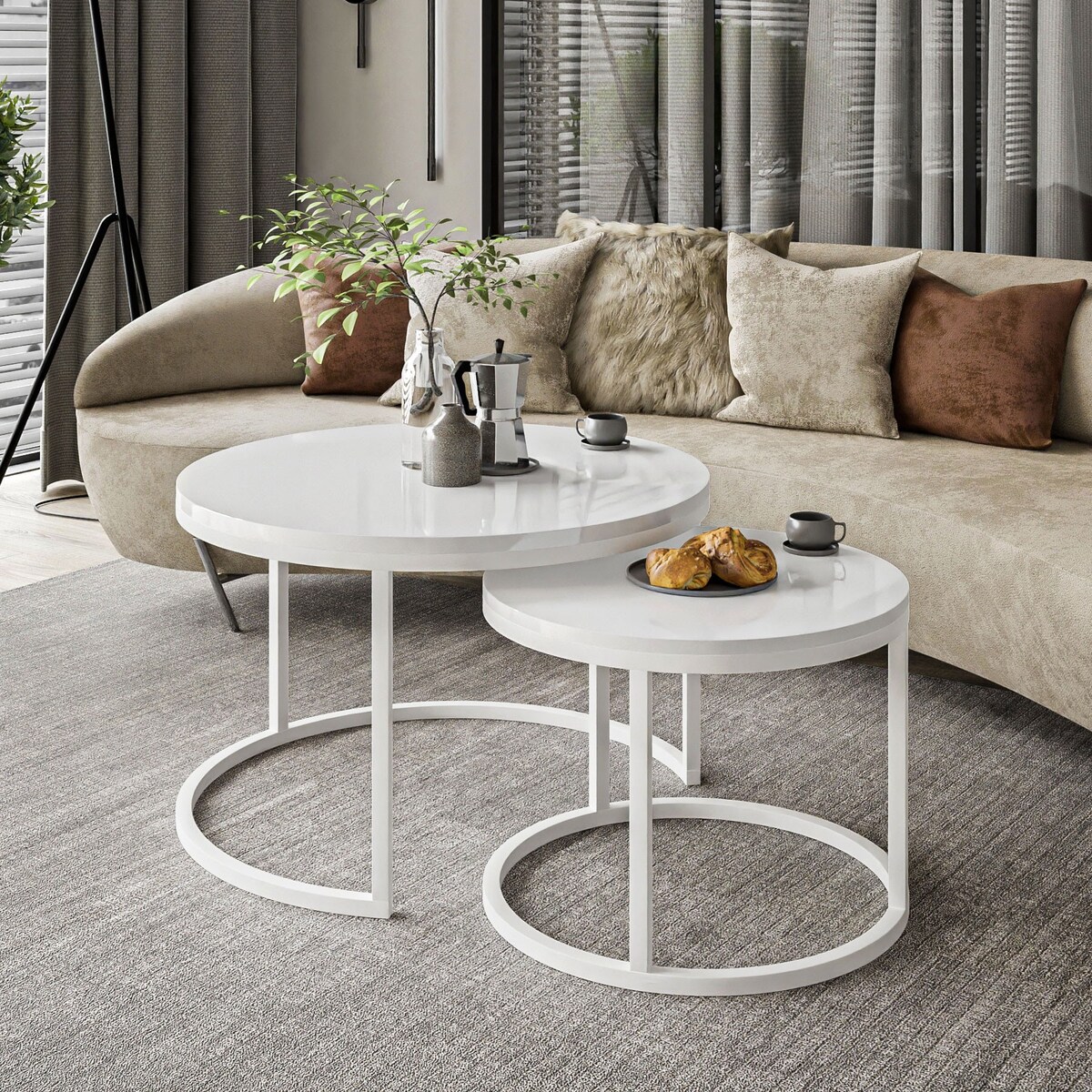 Okrągły stolik kawowy CIRI 2w1 biały połysk 70/50 cm