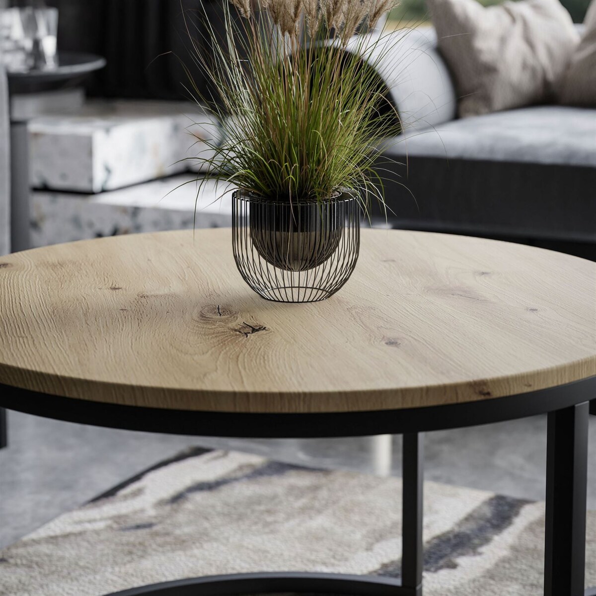 Okrągły stolik kawowy 2w1 CIRI SLIM MIX dąb artisan czarny