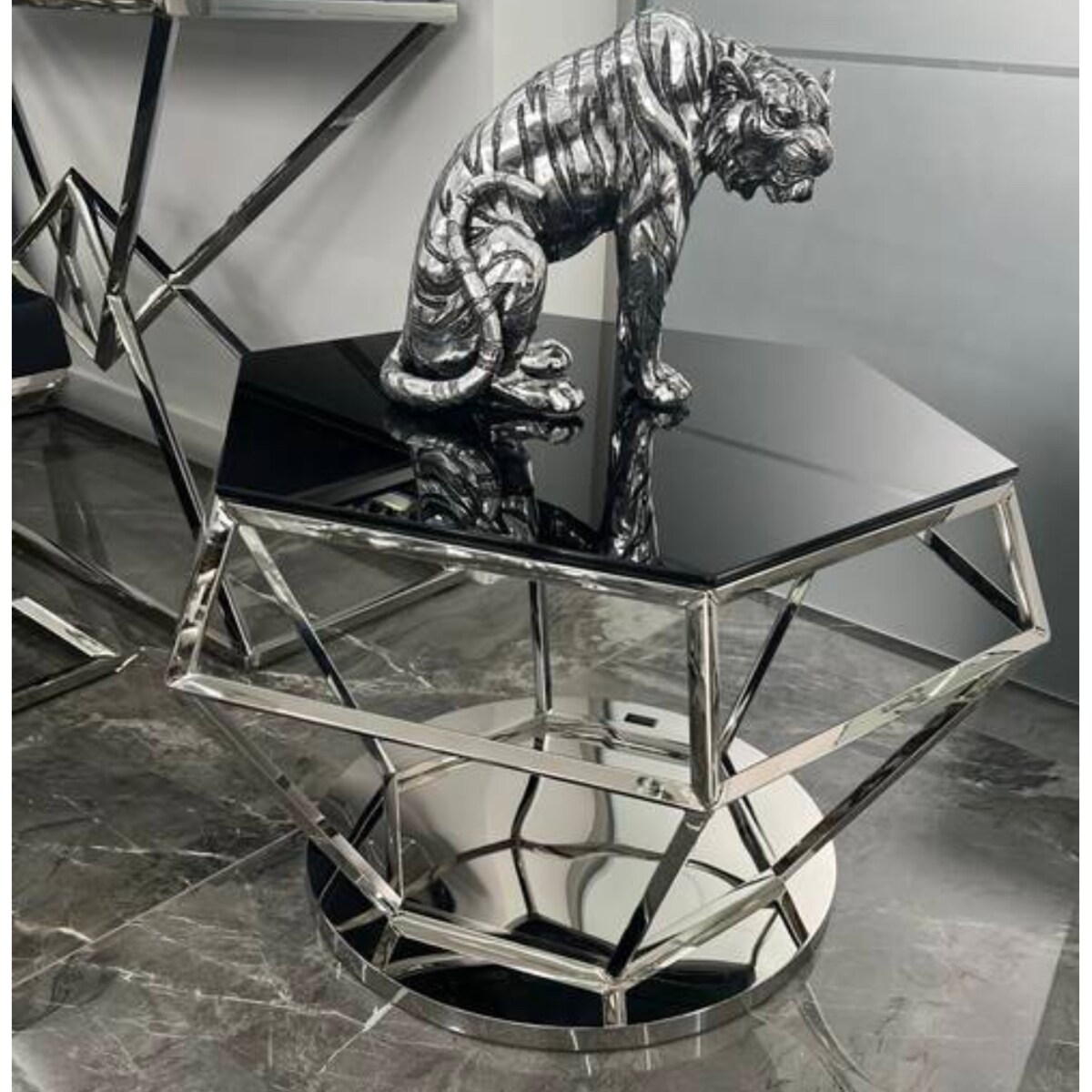 Nowoczesny srebrny stolik kawowy / ława w kształcie diamentu z szybą czarną 80x80x50