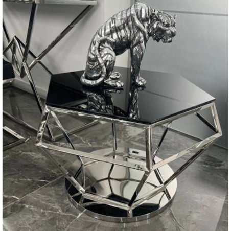 Nowoczesny srebrny stolik kawowy / ława w kształcie diamentu z szybą czarną 80x80x50