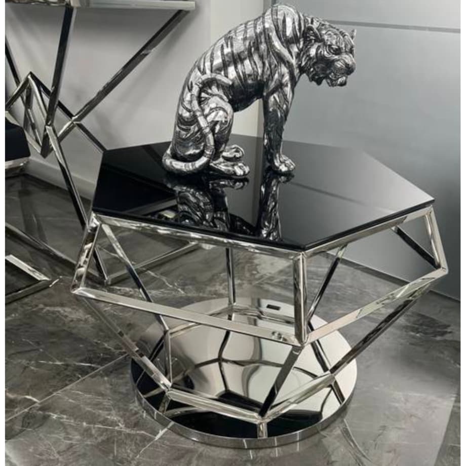 Nowoczesny srebrny stolik kawowy / ława w kształcie diamentu z szybą czarną 80x80x50