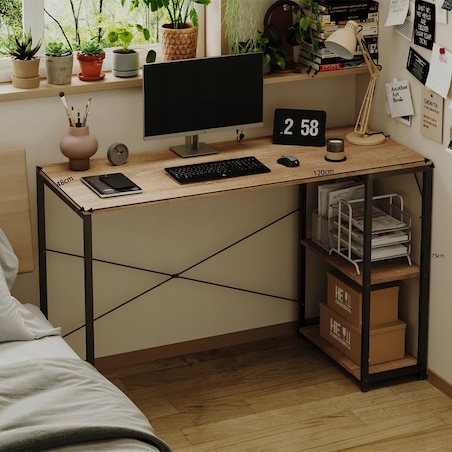 Biurko komputerowe stolik loft jasny brąz nowoczesne z półkami industrialne