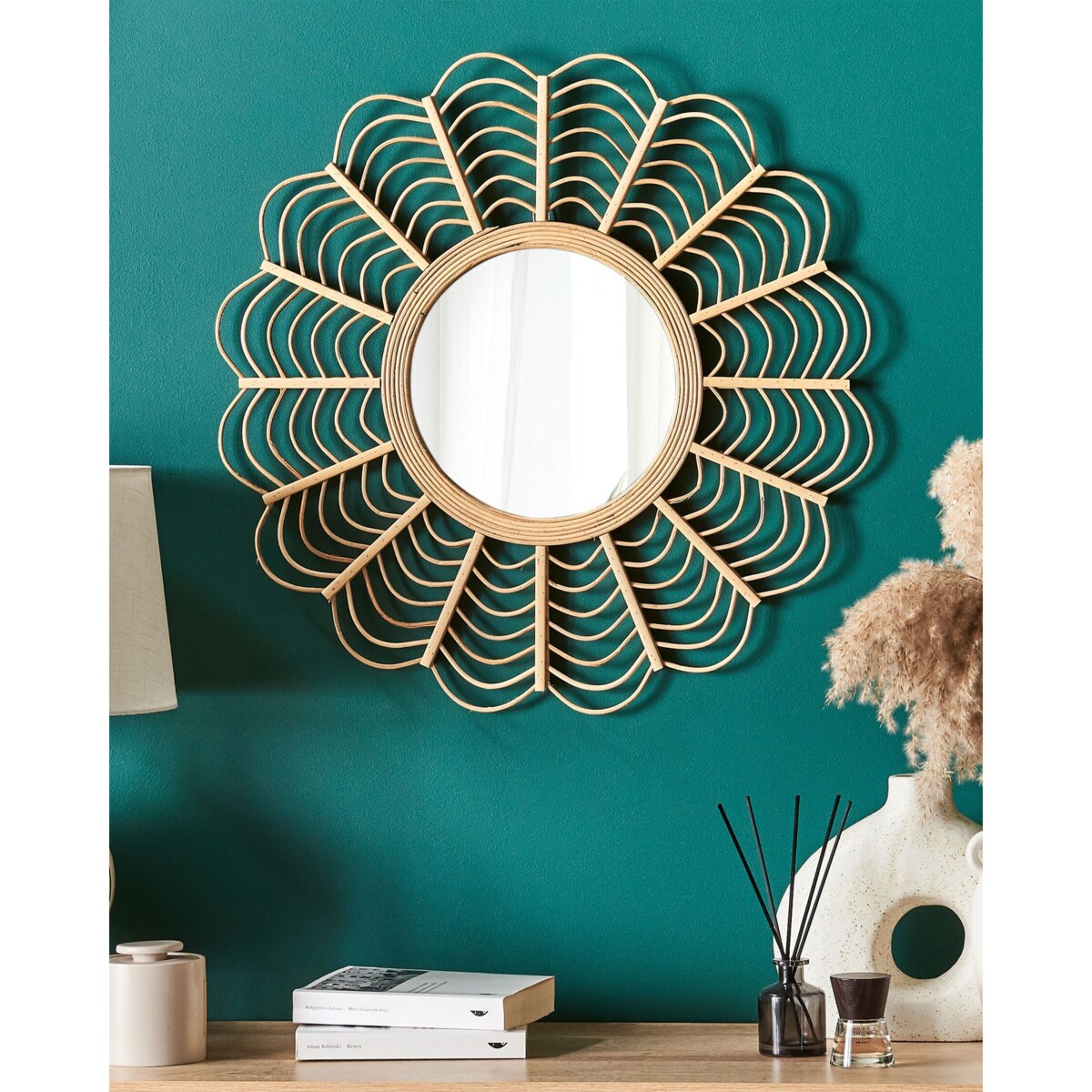 Bambusowe okrągłe lustro ścienne słońce ⌀ 60 cm naturalne TUMBIT