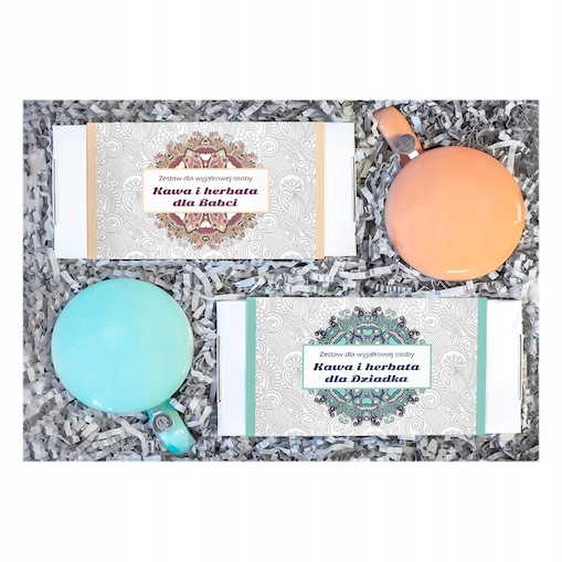ZESTAW BOX KAWA HERBATA 2 KUBKI PREZENT UPOMINEK NA DZIEŃ BABCI I DZIADKA
