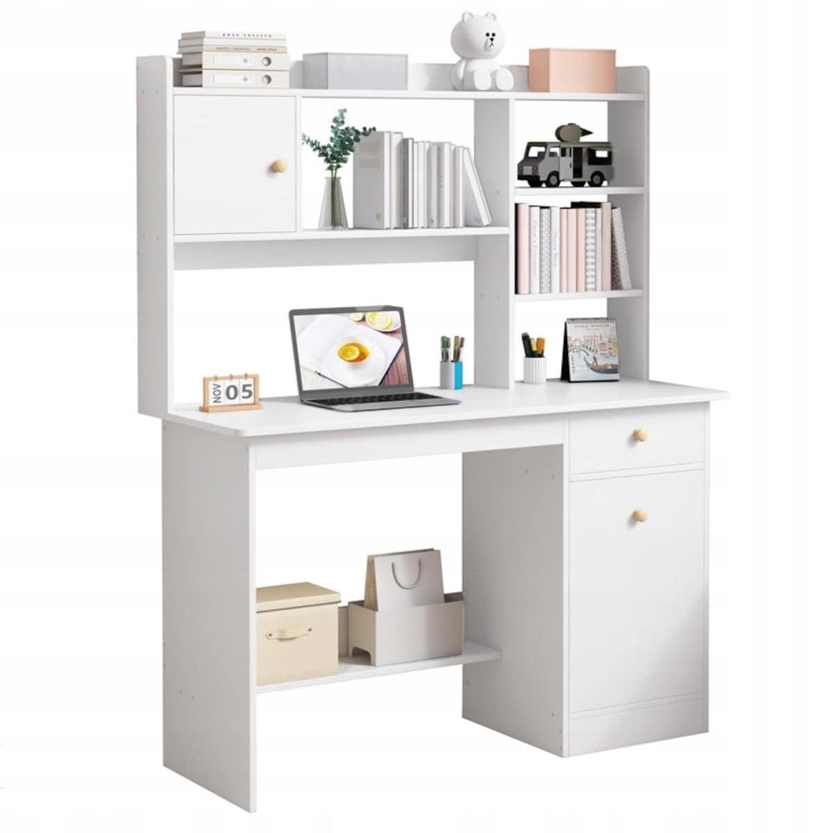 Biurko komputerowe białe loft z 7 półkami